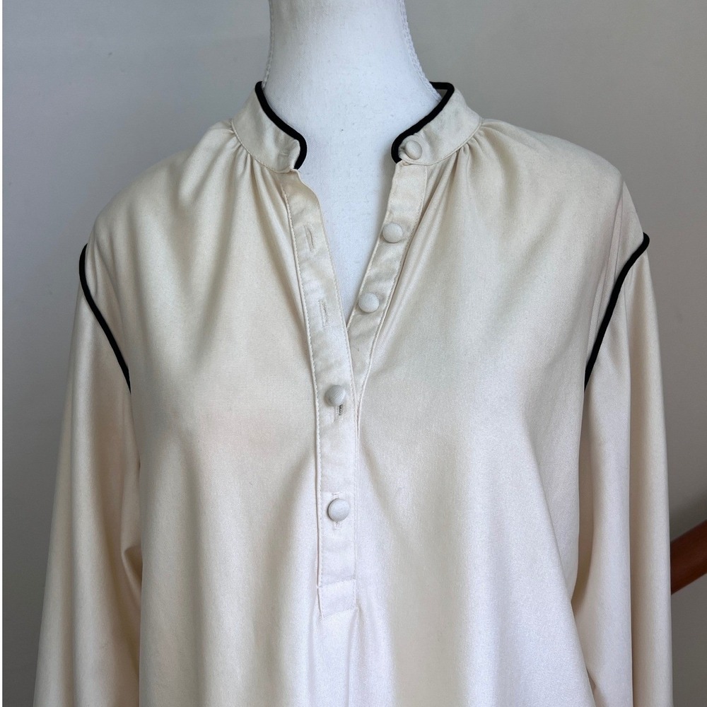 Vintage Boho Chic Oversized Blouse Cream Black Piping 70s 80s Long Sleeve Top